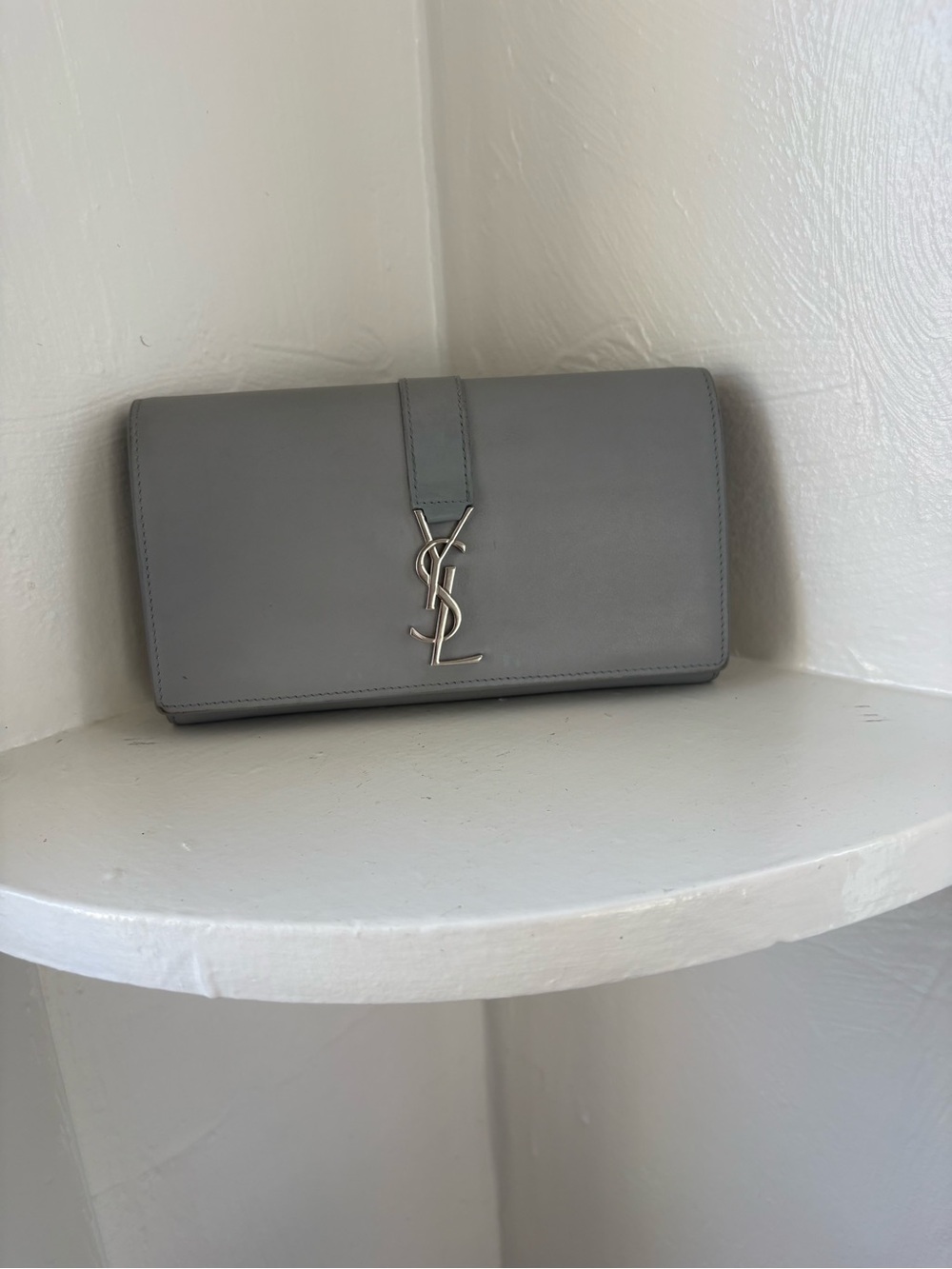 Saint Laurent Grey Leather YSL Logo Clutch